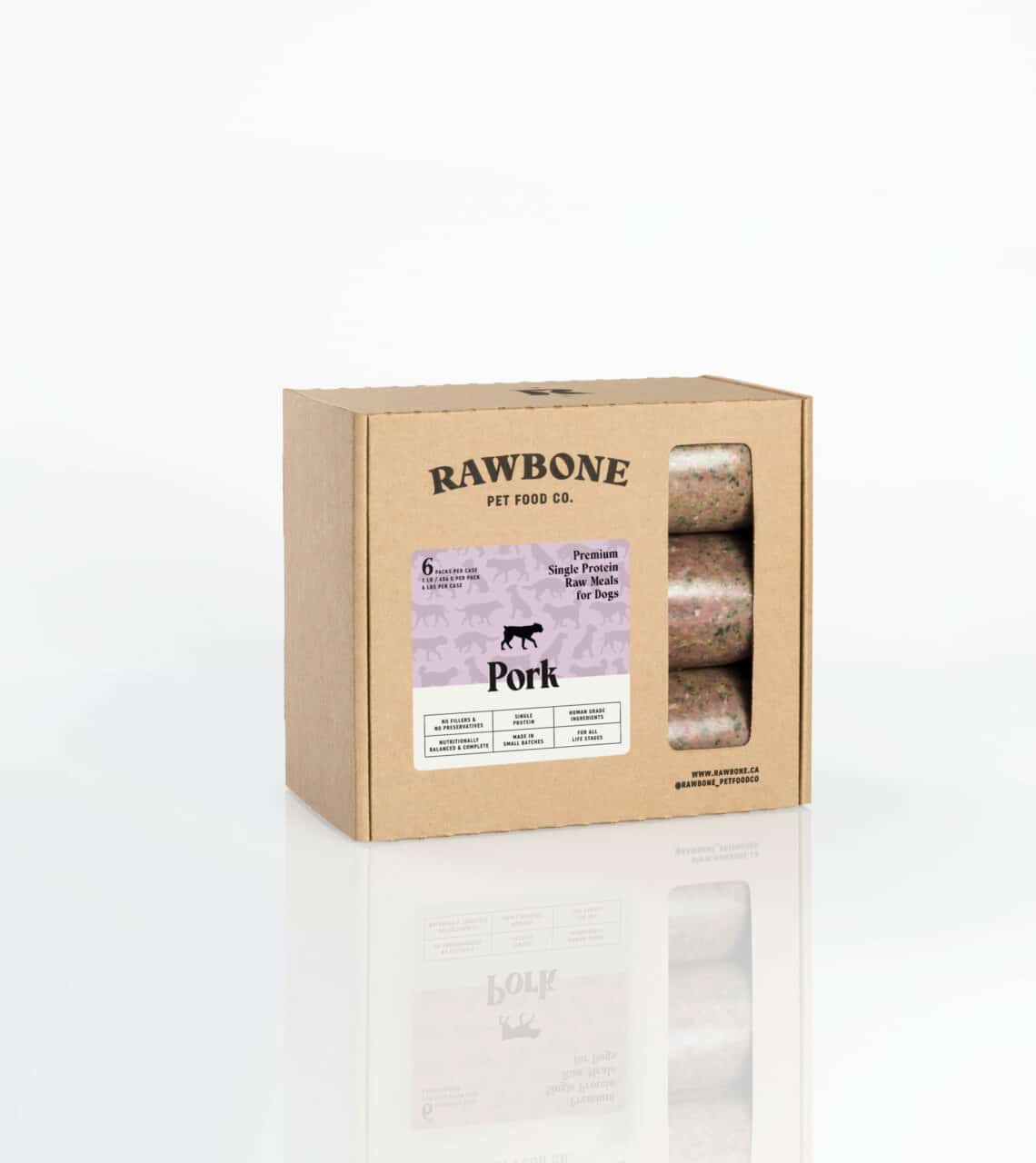 Rawbone Variety Box (Beef, Pork & Turkey) showcasing a case with tubular portions, highlighting single-protein meals, human-grade ingredients, and freezer-friendly convenience.
