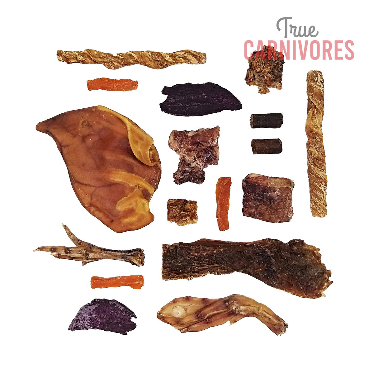 One Ingredient Assorted Trail Mix 400g features a variety of dehydrated dog treats, including pig ears, chicken feet, bully sticks, and more, emphasizing single-ingredient quality.