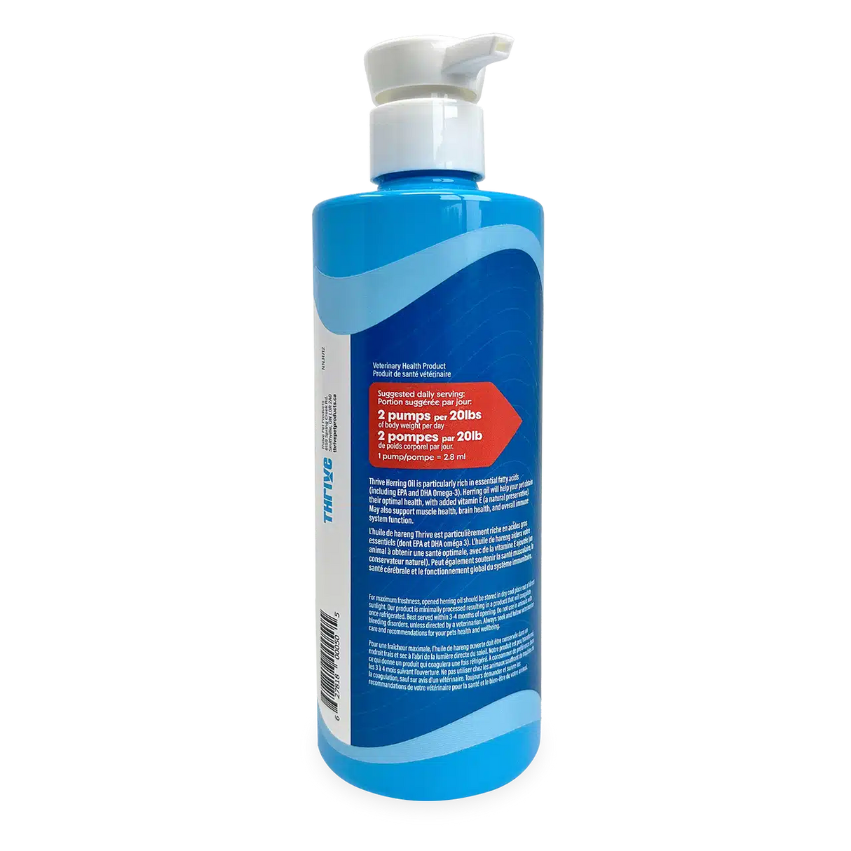 Thrive Herring Oil pump bottle for pets, offering Omega-3 support from wild-caught herring, with a suggested dose of 2 pumps per 20 lb.