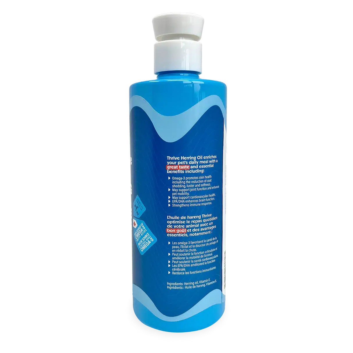 Thrive Herring Oil in a tall blue bottle with a flip-top cap, featuring benefits like Omega-3 support for pets' skin, coat, and overall health.