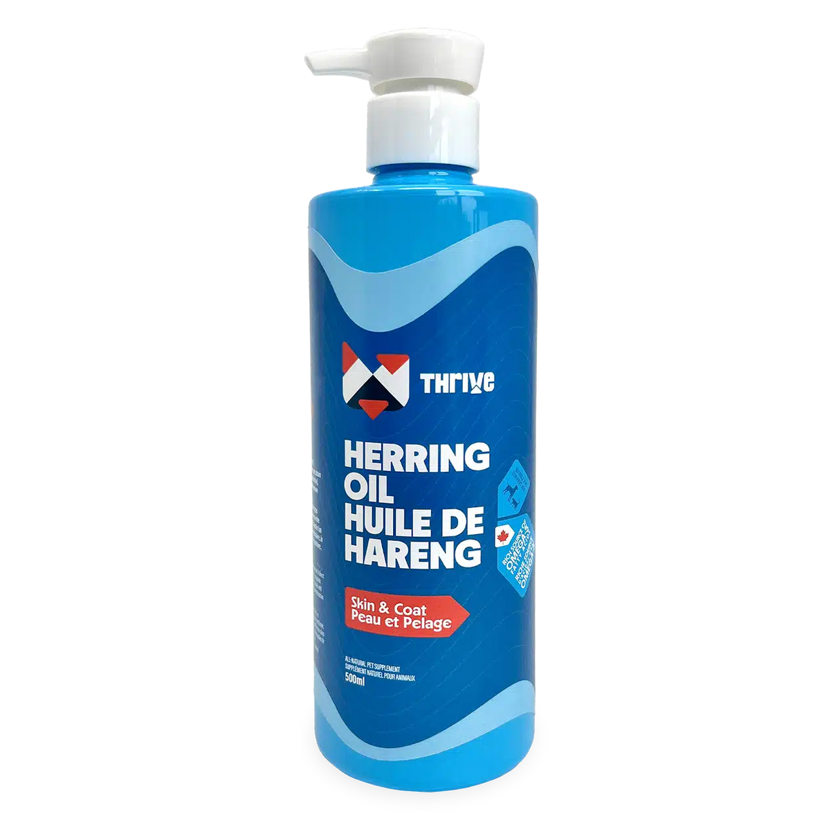 Thrive Herring Oil 500 mL pump bottle, all-natural fish-oil supplement for pets, supports skin and coat health with Omega-3 from wild-caught North Atlantic herring.
