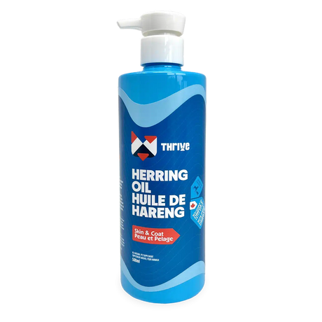 Thrive Herring Oil 500 mL pump bottle, all-natural fish-oil supplement for pets, supports skin and coat health with Omega-3 from wild-caught North Atlantic herring.