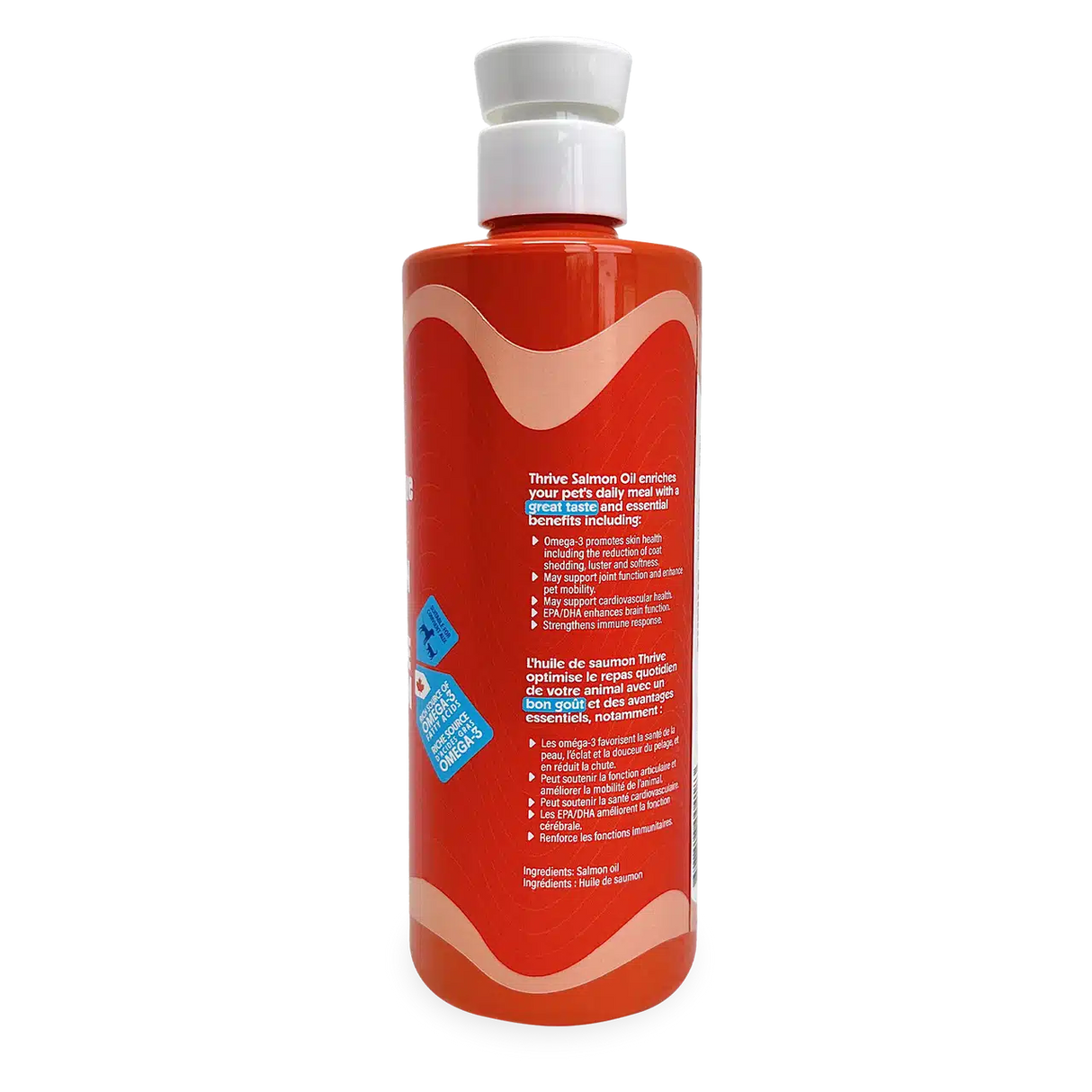 Thrive Salmon Oil bottle with pump, labeled for pet health benefits: skin, coat, joints, heart, and brain support. Made from pure salmon oil.