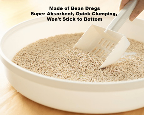 Pidan Tofu Litter Original 2.4kg, round pan with beige pellet litter, scoop digging in; super absorbent, quick clumping, plant-based, blood-detecting particles included.