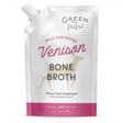 Green Juju Venison Bone Broth 20oz pouch, featuring a deer silhouette, offers joint, skin, and digestion support for pets; resealable for easy use.