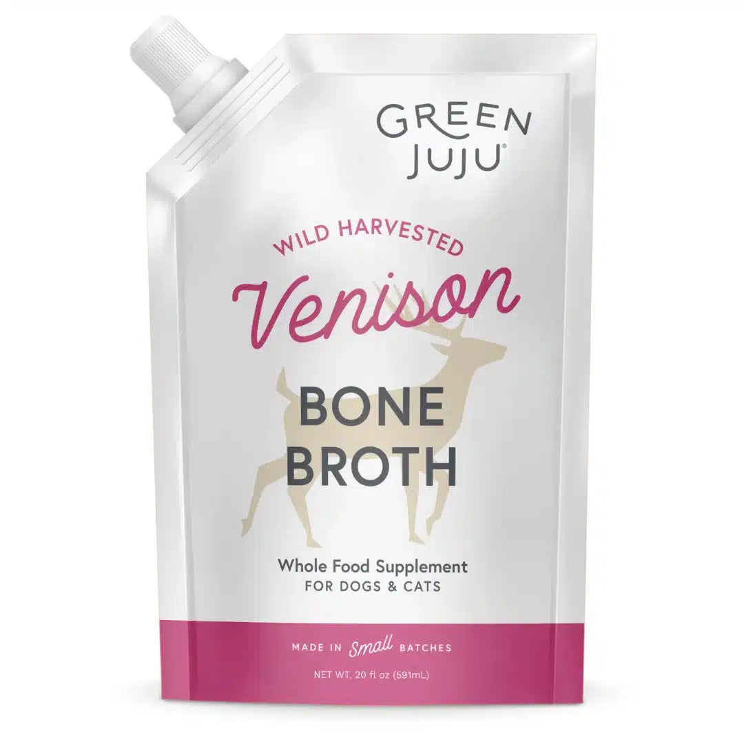 Green Juju Venison Bone Broth 20oz pouch, featuring a deer silhouette, offers joint, skin, and digestion support for pets; resealable for easy use.