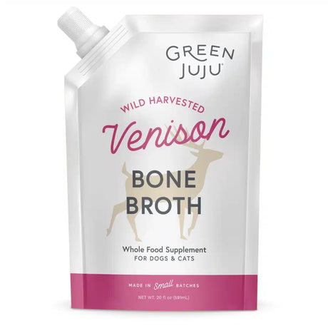 Green Juju Venison Bone Broth 20oz pouch, featuring a deer silhouette, offers joint, skin, and digestion support for pets; resealable for easy use.