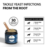Four Leaf Rover Yeast Guard - Anti-Fungal Herbs features a black jar with tan powder, wooden scoop, and label highlighting gut flora support and detoxification.