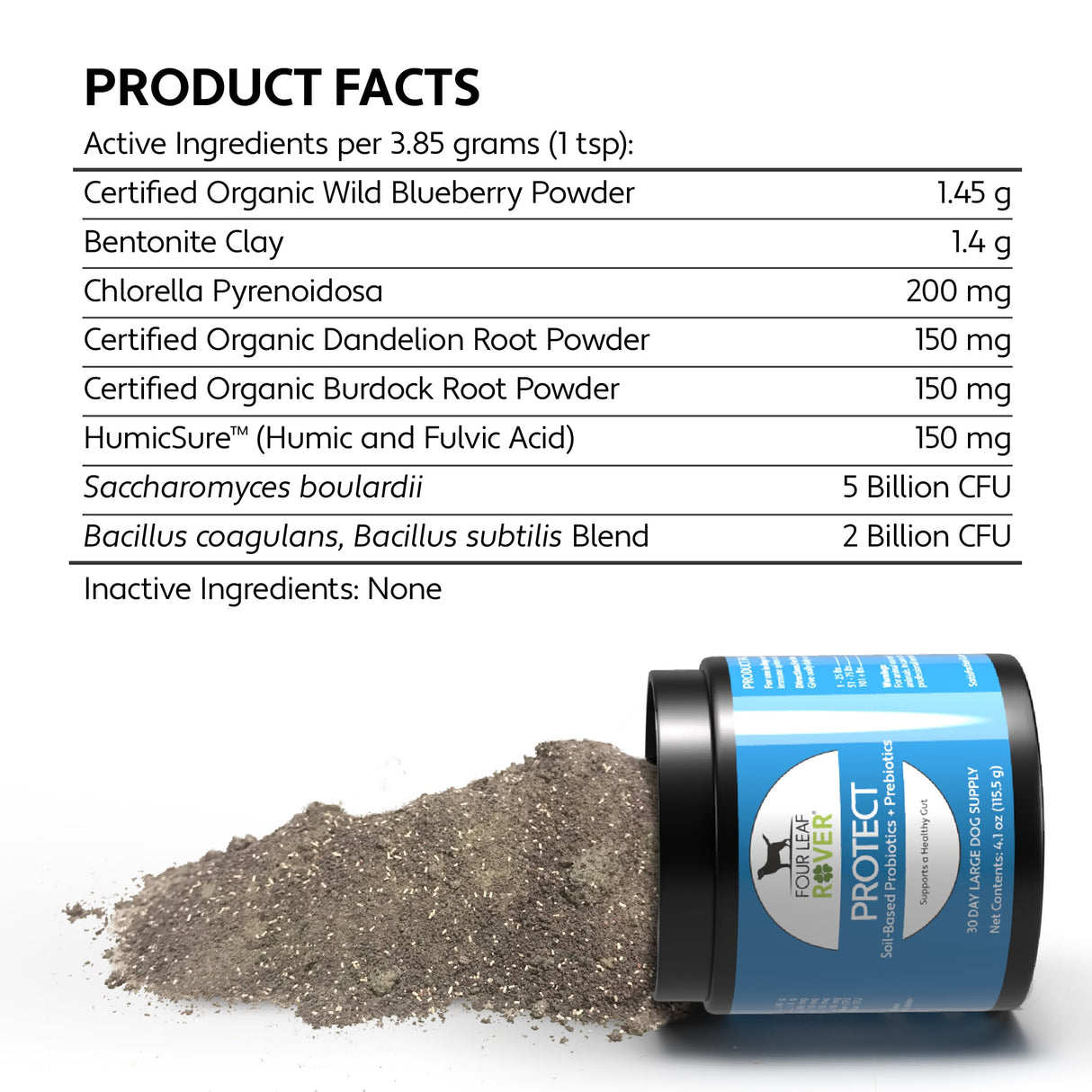 Four Leaf Rover Protect jar with soil-based probiotics and prebiotics for large dogs, featuring active ingredients like organic blueberry powder and bentonite clay.