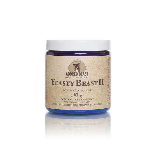 Adored Beast Yeasty Beast Protocol - 3 Product Set: Small blue-glass jar of Yeasty Beast II powder, a yeast-targeting supplement for pets, featuring enzymes and probiotics.