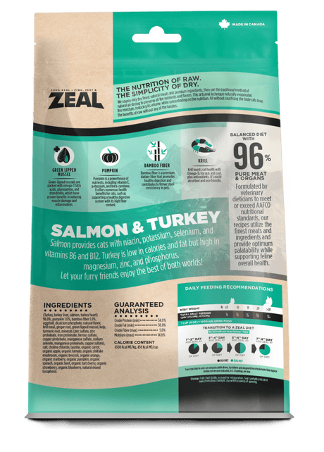 Zeal Air-Dried Salmon & Turkey for Cats, back of pouch highlights raw nutrition, 96% meat, feeding guide, and ingredients like green-lipped mussel and krill.