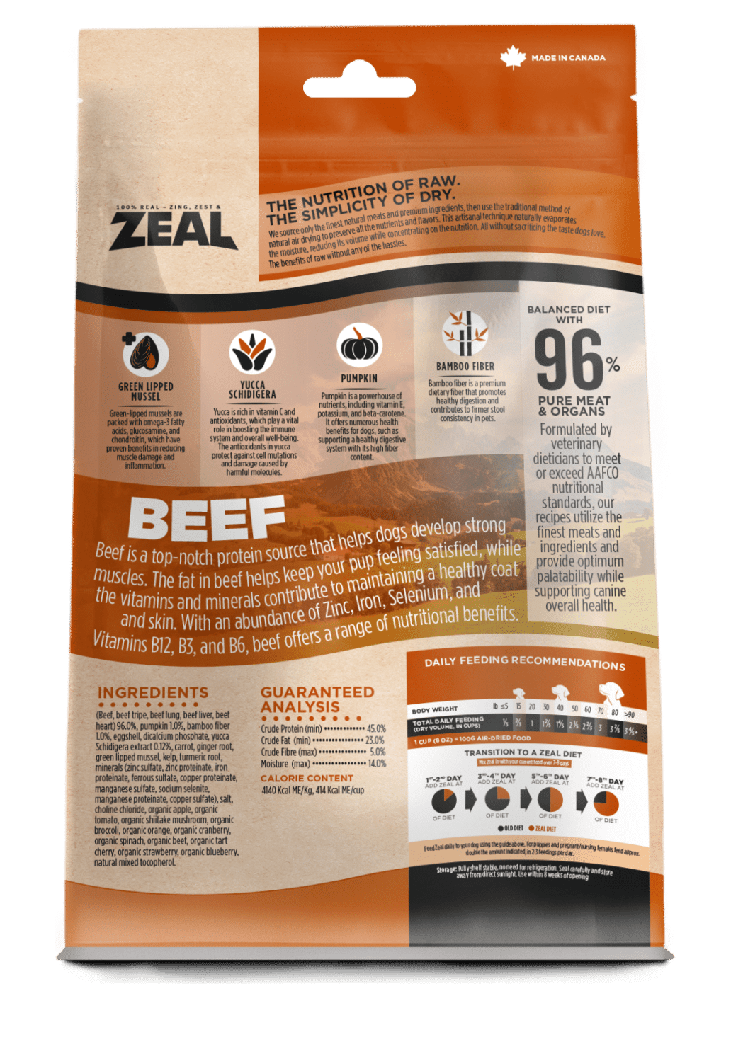 Zeal Air-Dried Beef for Dogs pouch back highlights ingredients, 96% meat content, nutritional benefits, feeding guidelines, and Made in Canada origin.
