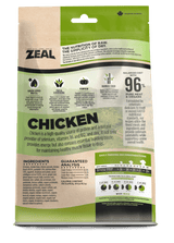 Zeal Air-Dried Chicken for Dogs pouch back highlights 96% meat, feeding guide, transition tips, nutrition facts, and single-protein benefits, emphasizing raw nutrition convenience.