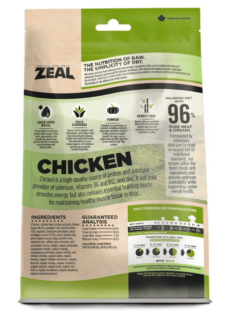 Zeal Air-Dried Chicken for Dogs pouch back highlights 96% meat, feeding guide, transition tips, nutrition facts, and single-protein benefits, emphasizing raw nutrition convenience.