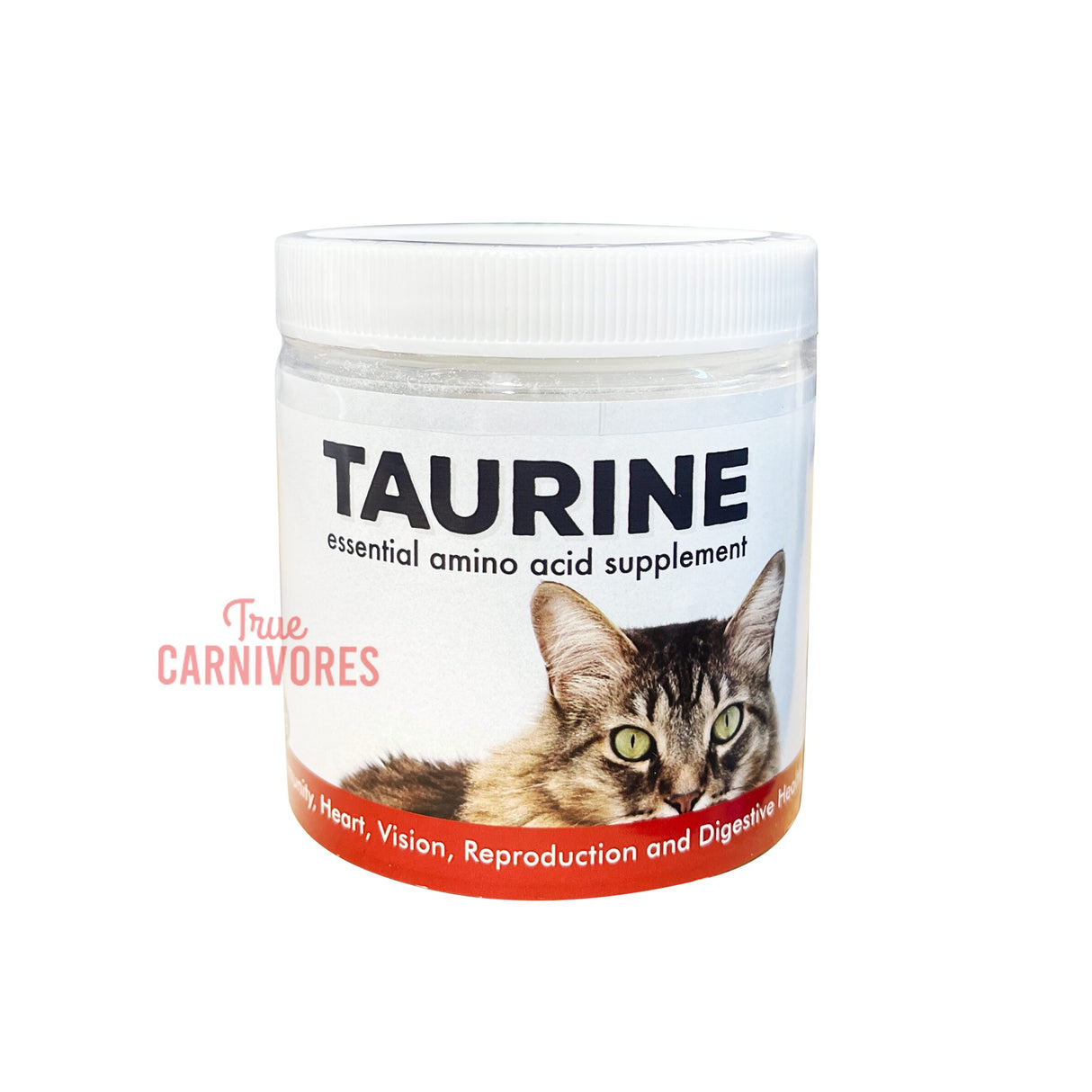 Carnivore Care Taurine 200g supplement jar by True Carnivores, featuring a cat's face, supports heart, vision, reproductive, and digestive health in pets.