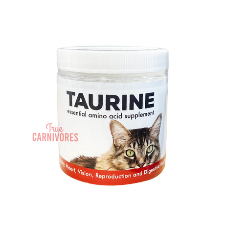 Carnivore Care Taurine 200g supplement jar by True Carnivores, featuring a cat's face, supports heart, vision, reproductive, and digestive health in pets.