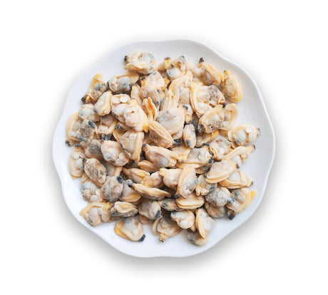Back 2 Basics Mini Clam Omega Topper 1lb, featuring a white plate of chilled, shelled clams, ideal as a nutritious treat for pets.