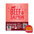 Butcher Blend Beef & Salmon for Cats label features key ingredients and benefits, cat graphic, QR code, and rewards badge, emphasizing raw, finely ground feline diet.
