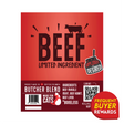 Butcher Blend Beef Limited Ingredient for Cats label featuring beef protein details, portion info, made in British Columbia, and customization guidance for feline dietary needs.