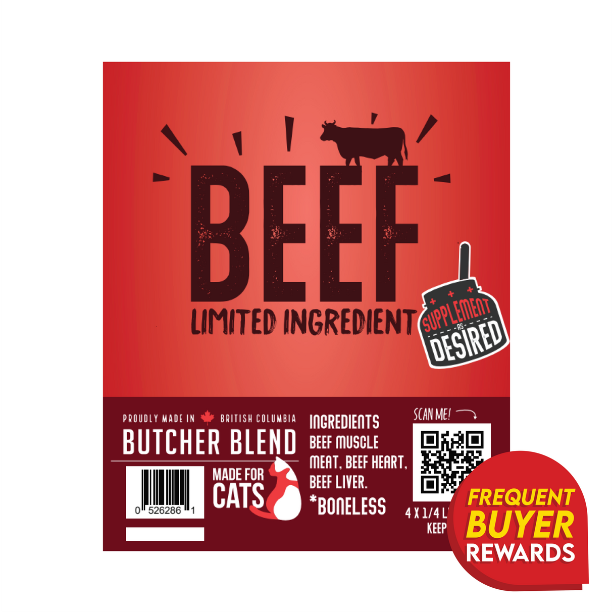 Butcher Blend Beef Limited Ingredient for Cats label featuring beef protein details, portion info, made in British Columbia, and customization guidance for feline dietary needs.