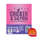 Butcher Blend Chicken & Salmon for Cats label features a rooster silhouette, ingredients list, tagline, QR code, and rewards badge, highlighting a raw, bone-in formula.