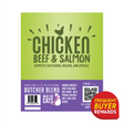 Butcher Blend Chicken, Beef & Salmon for Cats label shows ingredient list, BC origin, reward badge, and QR code, highlighting raw meal benefits and safety standards.