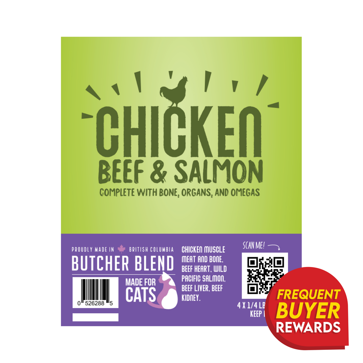 Butcher Blend Chicken, Beef & Salmon for Cats label shows ingredient list, BC origin, reward badge, and QR code, highlighting raw meal benefits and safety standards.
