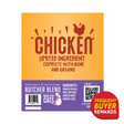 Butcher Blend Chicken Limited Ingredient for Cats label with chicken and organ formula, made in British Columbia. Includes frequent buyer rewards badge and QR code.
