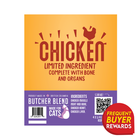 Butcher Blend Chicken Limited Ingredient for Cats label with chicken and organ formula, made in British Columbia. Includes frequent buyer rewards badge and QR code.