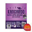Butcher Blend Kangaroo Limited Ingredient for Cats label: highlights hypoallergenic formula, kangaroo meat, lamb organs, customization options, British Columbia origin, QR code, rewards badge.