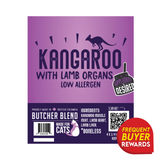Butcher Blend Kangaroo Limited Ingredient for Cats label: highlights hypoallergenic formula, kangaroo meat, lamb organs, customization options, British Columbia origin, QR code, rewards badge.