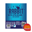 Butcher Blend Rabbit Limited Ingredient for Cats label with rabbit silhouette, lamb organ details, low allergen tag, and features like a QR code and rewards badge.