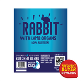 Butcher Blend Rabbit Limited Ingredient for Cats label with rabbit silhouette, lamb organ details, low allergen tag, and features like a QR code and rewards badge.