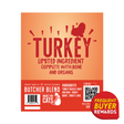 Butcher Blend Turkey Limited Ingredient for Cats front label highlighting turkey, limited ingredients, and a rewards badge; includes QR and barcodes for scanning.