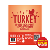 Butcher Blend Turkey Limited Ingredient for Cats front label highlighting turkey, limited ingredients, and a rewards badge; includes QR and barcodes for scanning.