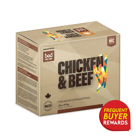 Fare Game Chicken & Beef by Big Country Raw, 2 lb package with geometric cat graphic, NRC nutrition formula for cats, HACCP certified, includes 4 vacuum-sealed portions.