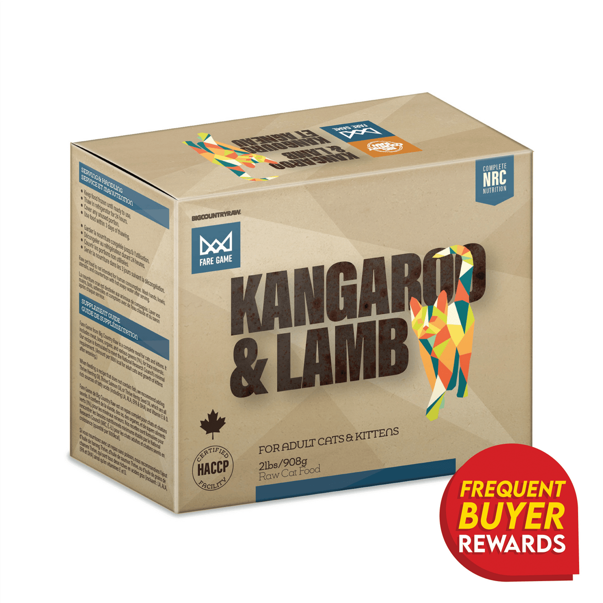 Fare Game Kangaroo & Lamb by Big Country Raw, 2 lb box of raw cat food, HACCP certified, with four vacuum-sealed packs. Suitable for adult cats and kittens.