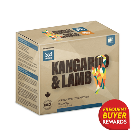 Fare Game Kangaroo & Lamb by Big Country Raw, 2 lb box of raw cat food, HACCP certified, with four vacuum-sealed packs. Suitable for adult cats and kittens.