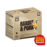 Fare Game Rabbit with Pork by Big Country Raw, 2 lb box featuring a polygonal cat graphic, NRC nutrition, HACCP certification, and buyer rewards badge.