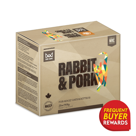 Fare Game Rabbit with Pork by Big Country Raw, 2 lb box featuring a polygonal cat graphic, NRC nutrition, HACCP certification, and buyer rewards badge.