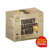 Fare Game Turkey and Sardines with Beef by Big Country Raw, 2lb box with geometric cat graphic and Frequent Buyer Rewards badge, $8.50/lb.