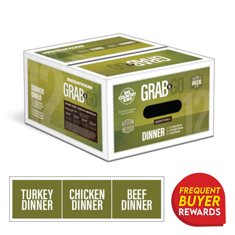Big Country Raw Grab N Go Dinner Deal box with Turkey, Chicken, and Beef meals, featuring a Frequent Buyer Rewards badge, ideal for balanced nutrition for dogs.