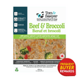 Tom & Sawyer Beef & Broccoli dog meal label features key ingredients like beef, broccoli, quinoa, and claims such as low-fat, non-GMO, and complete nutrition.