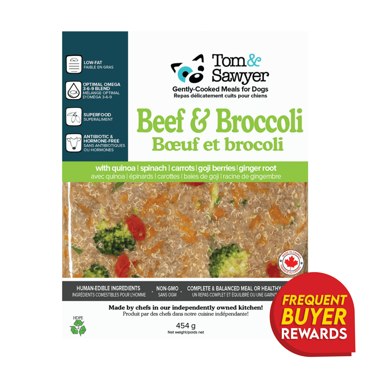 Tom & Sawyer Beef & Broccoli dog meal label features key ingredients like beef, broccoli, quinoa, and claims such as low-fat, non-GMO, and complete nutrition.