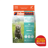 Feline Natural Freeze-Dried Beef and Hoki Feast 800g pouch featuring a tabby cat; highlights include 98% beef and hoki, grain-free, New Zealand-sourced ingredients, suitable for all cats.