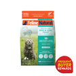 Feline Natural Freeze-Dried Beef and Hoki Feast cat food bag, highlighting grain-free, omega-rich formula with New Zealand beef and hoki, supporting whole-body health.
