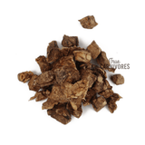 One Ingredient Dehydrated Beef Lung Protein Bites, small irregular brownish chunks of freeze-dried meat, ideal for pet training and enrichment, free from additives or fillers.