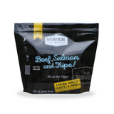 Butcher Blend Beef, Salmon & Tripe for Dogs in a 5 lb resealable bag, highlighting natural probiotics, minerals, and coarse-ground texture for large dog nutrition.