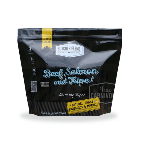 Butcher Blend Beef, Salmon & Tripe for Dogs in a 5 lb resealable bag, highlighting natural probiotics, minerals, and coarse-ground texture for large dog nutrition.