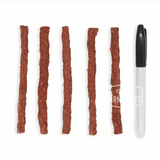 One Ingredient Beef Sticks 150g, five thin jerky-style strips next to a marker for size reference, ideal crunchy treat for dogs, made from Argentine beef esophagus.